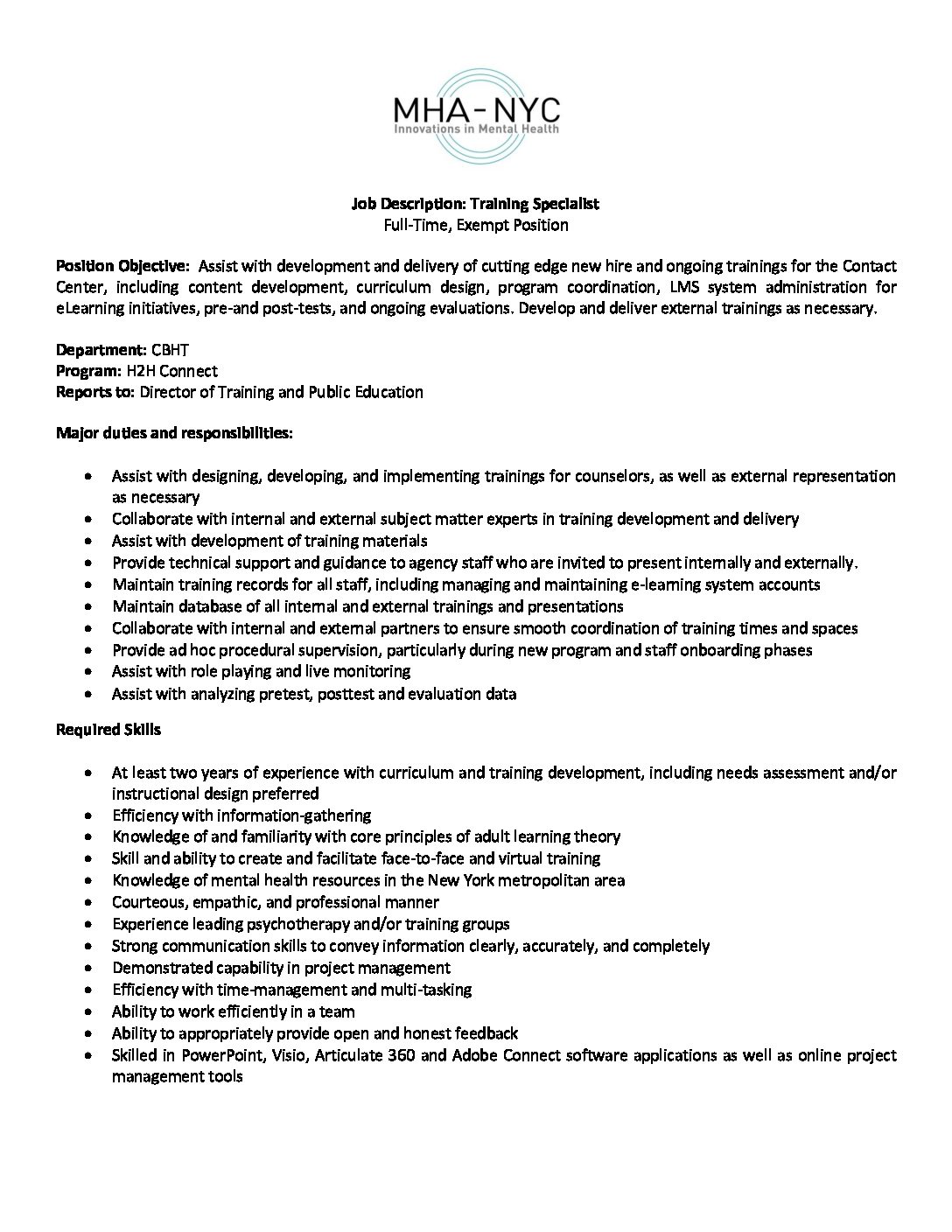 Job Description for Training Specialist - Vibrant Emotional Health 