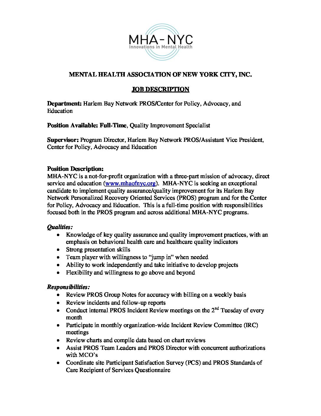 PROS - QI Specialist - Vibrant Emotional Health : Vibrant Emotional Health