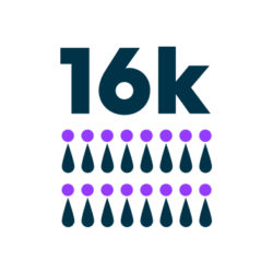 Graphic of "16k" with Vibrant exclamation point logo underneath on white background