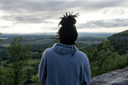 Image of person from behind looking out at trees